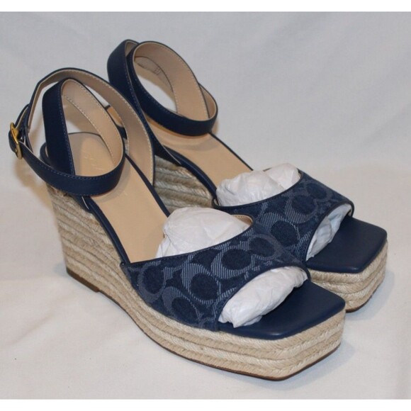 COACH WOMEN'S SIGNATURE C ESPADRILLE WEDGE SANDALS DEEP BLUE SZ 8.5 NIB - Picture 2 of 8